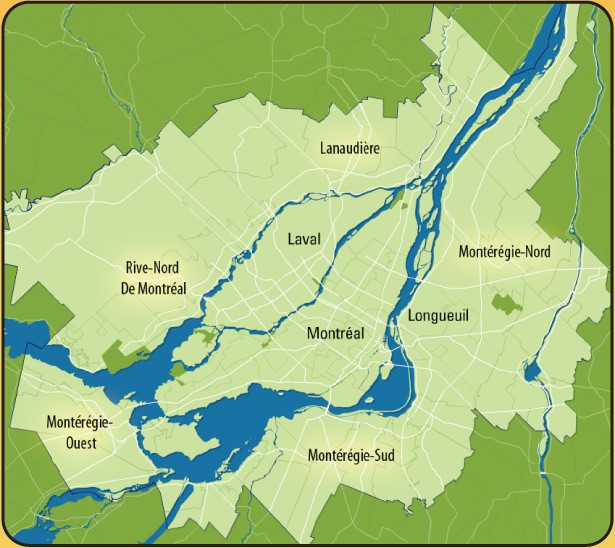 Map of the Greater Montreal region we serve: West Island, Laval, Rive-Nord, Longueuil, Montérégie and Lanaudière