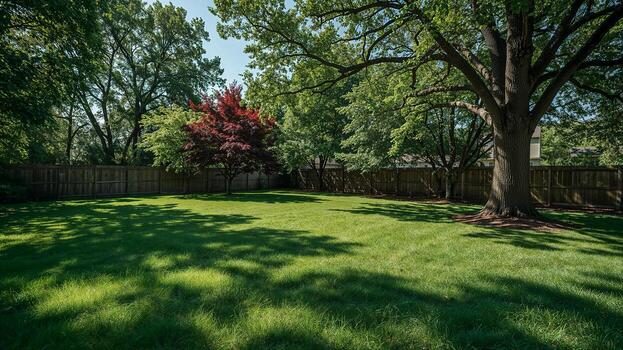 Landscaped backyard lawn with mature trees